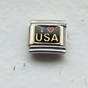I heart USA on black enamel 9mm stainless steel Italian charm bracelet link new